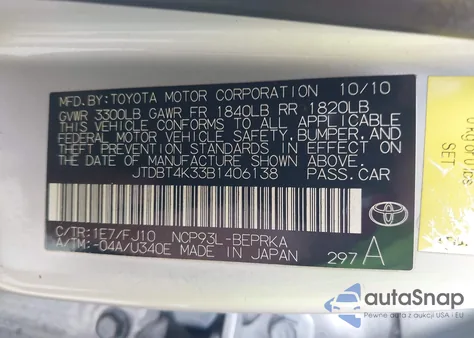 2011 Toyota Yaris из США, поврежденный, VIN JTDBT4K33B1406138